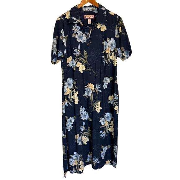 Caribbean Joe Dress Women 1X Navy Blue Tropical Plus Size Maxi Collared Vacation - Picture 1 of 6